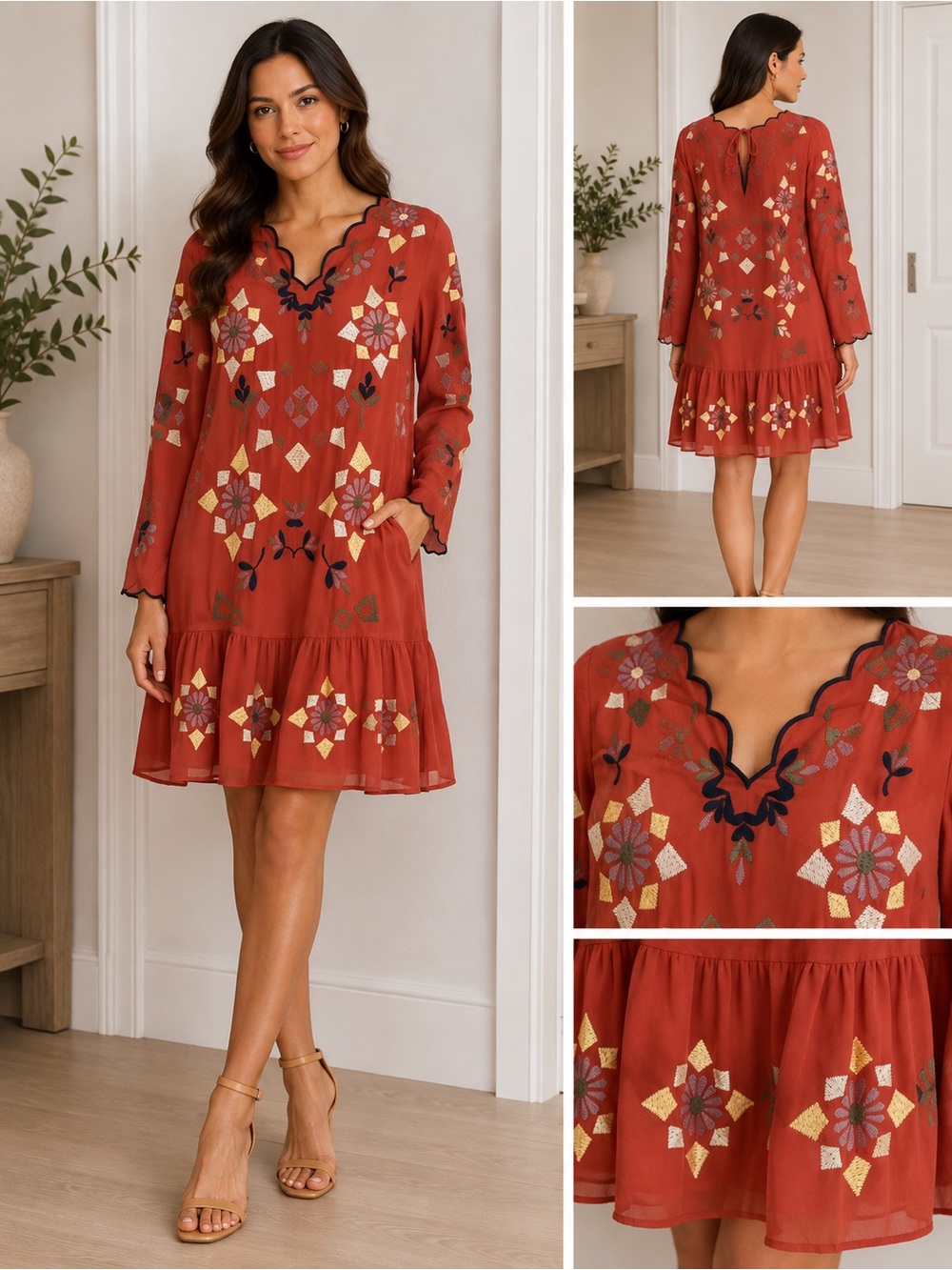 Chelsea & Violet Rust Embroidered Tiered Mini Dress